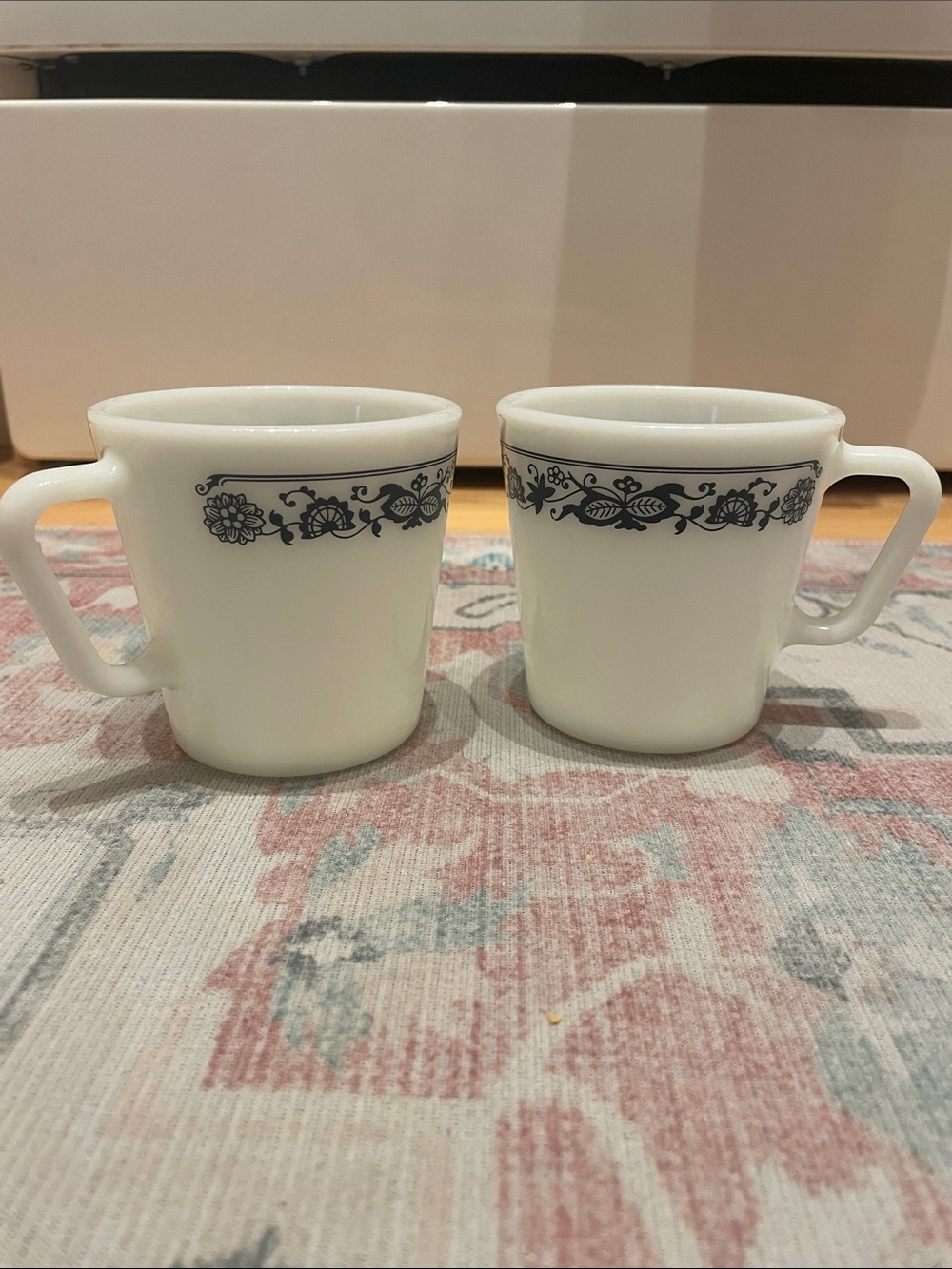 White Pyrex Ceramic Mugs with Blue “Cornflower” Border - Set of 2